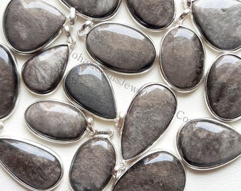 Newly Silver Sheen Obsidian Gemstone Pendants, 925 Silver Plated Pendant Necklace With Different Size And Shape, Wholesale Lot