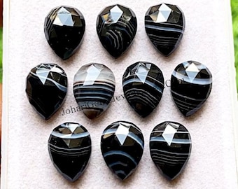 Selected Black Banded Agate 10X14 MM Pear Shape Rose Cut Gemstone 10 Pieces Lot, Natural Banded Agate With Flat Back For Jewelry Making