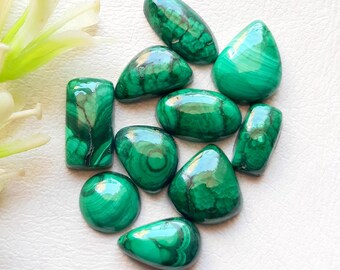 Rare FOREST MALACHITE Cabochon Loose Gemstone For Jewelry Making | Size 15-10 MM | Natural Malachite Cabochon Small Size Lot - 21611