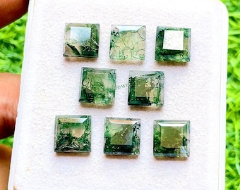 Moss Agate 12 MM Square Shape Fancy Cut Gemstone With Flat Back 8 Pieces Lot, AAA+ Natural Moss Agate Gemstone Used For Jewelry Making