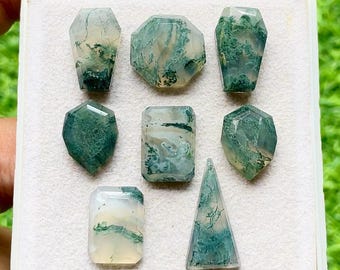 Moss Agate Fancy Cut Mix Shape With Flat Back Gemstone 8 Pieces Lot For Jewelry Making | Size : 20-14 MM | AAA+ Natural Moss Agate Lot 28801