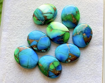 NEW 10x14 MM Green Copper Turquoise 8 Pieces Oval Smooth Cabochon Flat Back Gemstone Lot, AAA+ Green Copper Turquoise For Jewelry Making