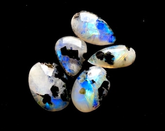 Rainbow Moonstone Cabochon With Black Tourmaline Dot 5 Pcs Lot | Size : 23-19 MM | AAA+ Natural Rainbow Moonstone For Jewelry Making - 37299