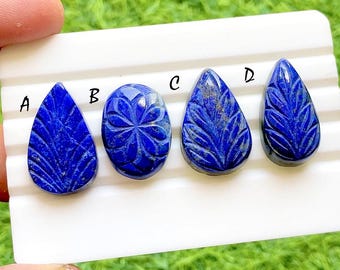 Hand Carved Lapis Lazuli Loose Gemstone Cabochon, Mughal Art Carving Natural Gemstones, Carving Cabochon For Jewelry Making - 38265-38268
