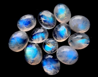 Selected Rainbow Moonstone Cabochon 12 Pieces Lot For Jewelry Making | Size : 7-10 MM | AAA+ Natural Rainbow Moonstone With Flatback - 28795