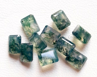 Moss Agate Rectangle Shape Rose Cut - Moss Agate 7x9mm Retangle Rose Cut Flat Back Gemstone 6 Pieces Lot For Jewelry Making, Pendant, Ring