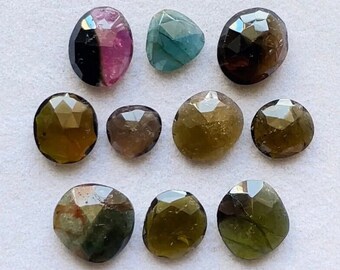 Natural Multi Tourmaline Rose Cut Flat Back Gemstone 10 Piece Lot | Size : 9-12MM | Multi Tourmaline For Handmade Jewelry, Wirewrapped- 5280