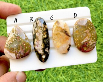 Celestial Bloom Ocean Jasper Cabochon Set, Rare Floral Pattern Ocean Jasper, Designer Jewelry Making Stones, Collector Gem Lot - 35550-35553