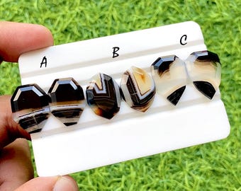 Midnight Veil Banded Agate Fancy Cut Perfect Matching Pair For Earrings, AAA+ Natural Black & White Agate Pair For Wire Wrap - 35381-35383