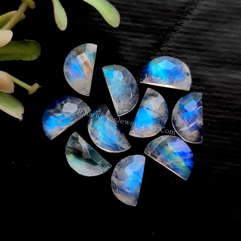 Rainbow Moonstone Rose Cut 9X5 MM D Shape Gemstone 10 Pieces Lot AAA Natural Rainbow Moonstone Rose Cut With Flat Back For Jewelry Making image 1