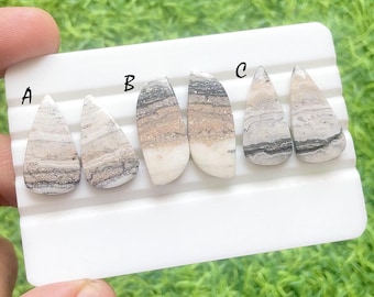 Monochrome Muse Picasso Jasper Cabochon Pair, Natural Striped Earth Tone Gemstone, Designer Matching Stones For Earrings - 37531-374533