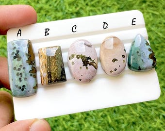 Wild Reef Ocean Jasper Cabochon Set, Rare Floral Pattern Ocean Jasper, Designer Jewelry Making Stones, Collector Gem Lot - 35471-35475
