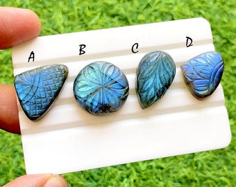 Hand Carved Blue Labradorite Loose Gemstone Cabochon, Mughal Art Carving Natural Gemstones, Carving Cabochon For Jewelry Making -38304-38307