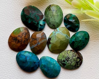 Natural Turquoise Gemstone Rose Cut Slice - Tibetan Turquoise Rose Cut Flat Back Gemstone 10 Pieces Lot For Jewelry Making, Pendant, Ring