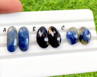Natural Blue Sapphire Pair Rose Cut Loose Gemstone With Flat Back For Jewelry Making, AAA+ Blue Sapphire Pairs For Earrings - 34362-34364