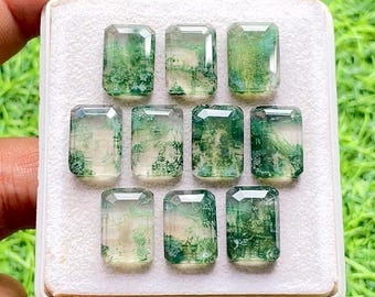 Moss Agate And Himalayan Crystal Doublet In Fancy Rectangle Shape 10x14 MM With Flat Back 10 Pieces Lot For Handmade Jewelry Making