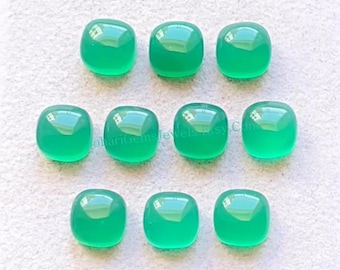 Green Chalcedony 8 MM Cushion Shape Smooth Cabochon Gemstone 10 Pieces Lot, AAA+ Natural Chalcedony With Flat Back For Jewelry Making