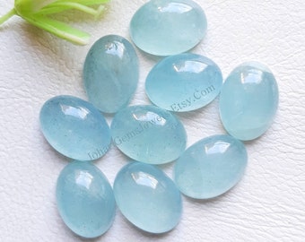 Aquamarine Cabochon Oval Gemstone Lot | Size : 10x14 MM | Top Quality Aquamarine Flat Back Gemstone 5 Pieces Lot For Jewelry Making