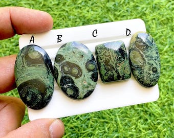 Ancient Earth Kambaba Jasper Cabochon For Wire Wrap, Rare Orb Pattern Green Stone, Jungle Stone Designer Jewelry Gemstones - 37946-37949