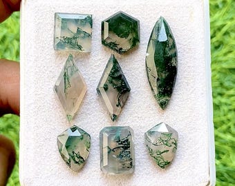 Moss Agate Fancy Cut Mix Shape With Flat Back Gemstone 8 Pieces Lot For Jewelry Making | Size : 12-28 MM | AAA+ Natural Moss Agate Lot 34572
