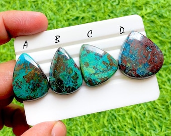 Deep Sea Azurite Chrysocolla Cabochons For Wire Wrap, Teal Blue & Copper Matrix Natural Gemstone Set For Artisan Jewelry Design -36273-36276