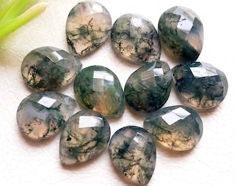 Natural Moss Agate 9x12 mm Pear Shape Rose Cut - Moss Agate Rose Cut Flat Back Gemstone 10 Pieces Lot For Jewelry Making, Pendant, Ring