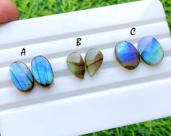 NEW Labradorite Pair Cabochon Loose Gemstone For Jewelry Making, AAA+ Natural Labradorite Matching Pair Cabochon For Earrings - 34565-34567