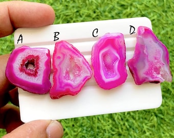 Hot Pink Druzy Agate Slice For Wire Wrap, Dyed Geode Crystal Slabs, Natural Banded Agate Loose Gemstones for Jewelry Making - 36457-36460