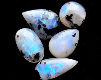Rainbow Moonstone Cabochon With Black Tourmaline Dot 5 Pcs Lot | Size : 14-22 MM | AAA+ Natural Rainbow Moonstone For Jewelry Making - 19204