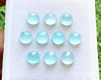 Aqua Chalcedony 8 MM Cushion Shape Rose Cut Gemstone 10 Pieces Lot, AAA+ Natural Chalcedony With Flat Back For Jewelry Making