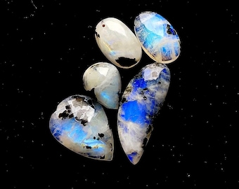 Rainbow Moonstone Cabochon With Black Tourmaline Dot 5 Pcs Lot | Size : 23-17 MM | AAA+ Natural Rainbow Moonstone For Jewelry Making - 37301