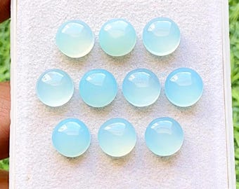 Aqua Chalcedony 10 MM Round Shape Smooth Cabochon Gemstone 10 Pieces Lot, AAA+ Natural Chalcedony With Flat Back For Jewelry Making