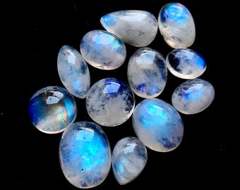Selected Rainbow Moonstone Cabochon Gemstone 12 Pieces Lot, AAA+ Rainbow Moonstone With Flat Back Gemstone Cabochon For Jewelry Making 18685