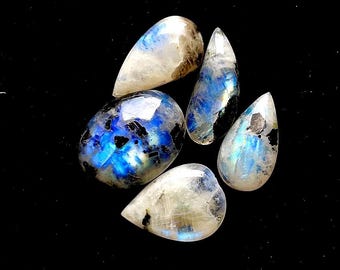 Rainbow Moonstone Cabochon With Black Tourmaline Dot 5 Pcs Lot | Size : 23-20 MM | AAA+ Natural Rainbow Moonstone For Jewelry Making - 37297