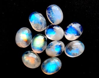 Rainbow Moonstone Cabochon 9X6 MM Round Gemstone 10 Pieces Lot, AAA+ Natural Rainbow Moonstone Oval With Flat Back For Jewelry Making 15467