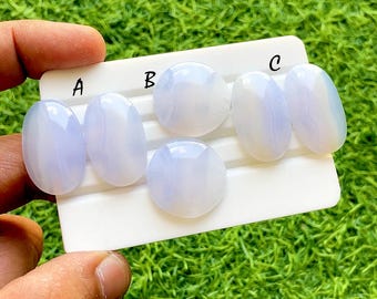 Sky Mist Blue Lace Agate Matched Pair Cabochon, Earth Tone Natural Stone, Soft Cloud Blue Gemstone Pair For Artisan Jewelry - 37931-37933