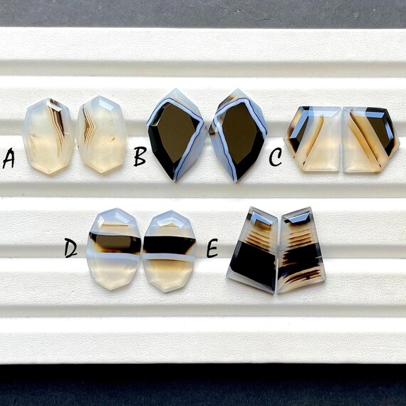 Selected Black Banded Agate Fancy Rose Cut Pairs For Handmade Jewelry, Natural Black Banded Agate Matching Pairs For Earrings - 28751-28755