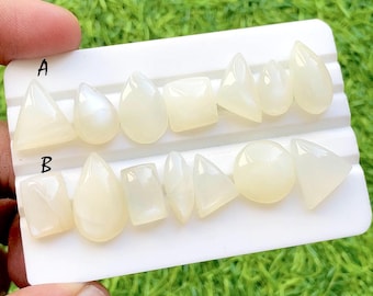 Moonveil Glow Moonstone Cabochon 7 Pieces Gemstone Lot For Jewelry Making, Milky White Mixed Shapes Cabochons For Rings - 35445-35446