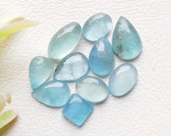 Aquamarine Cabochon Loose Gemstone 10 Pieces Lot For Jewelry Making | Size : 5-10 MM | Natural Aquamarine For Handmade Jewelry - 20078