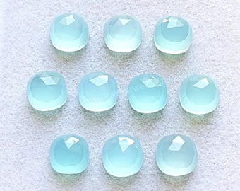 Aqua Chalcedony 8 MM Cushion Shape Rose Cut Gemstone 10 Pieces Lot, AAA+ Natural Chalcedony With Flat Back For Jewelry Making