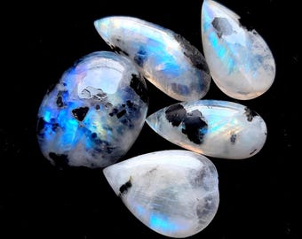 Rainbow Moonstone Cabochon With Black Tourmaline Dot 5 Pcs Lot | Size : 20-23 MM | AAA+ Natural Rainbow Moonstone For Jewelry Making - 19202