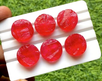 Ruby Red Color Quartz Druzy 18 MM Round Shape Cabochon With Flat Back Gemstone 6 Pieces Lot For Handmade Jewelry, AAA+ Dyed Natural Quartz