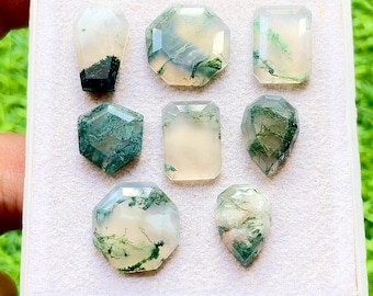 Moss Agate Fancy Cut Mix Shape With Flat Back Gemstone 8 Pieces Lot For Jewelry Making | Size : 16-14 MM | AAA+ Natural Moss Agate Lot 28805