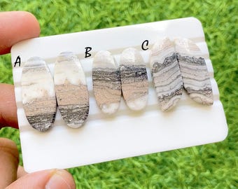 Monochrome Muse Picasso Jasper Cabochon Pair, Natural Striped Earth Tone Gemstone, Designer Matching Stones For Earrings - 37522-374524