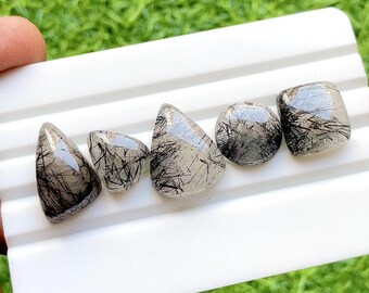 Black Rutile Quartz Cabochon Loose Gemstone 5 Pieces Lot For Jewelry Making | Size : 20-14 MM | AAA+ Natural Black Rutile Quartz - 32812