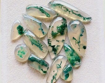Top Selected Moss Agate Gemstone Smooth Cabochon 12 Pieces Lot Used For Handmade Jewelry - RARE Moss Agate Gemstone For Jewelry Making 28467