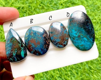 Deep Sea Azurite Chrysocolla Cabochons For Wire Wrap, Teal Blue & Copper Matrix Natural Gemstone Set For Artisan Jewelry Design -36277-36280