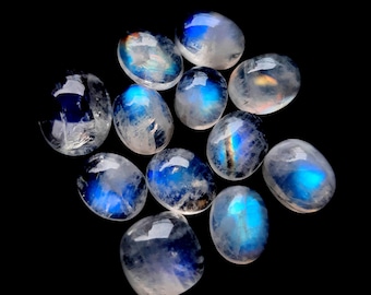 Selected Rainbow Moonstone Cabochon 12 Pieces Lot For Jewelry Making | Size : 9-12 MM | AAA+ Natural Rainbow Moonstone With Flatback - 28797