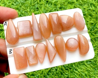 Peach Moonstone Cabochon Loose Gemstone 7 Pieces Lot For Jewelry, AAA+ Natural Peach Moonstone Cabochon For Handmade Jewelry - 34948-34948