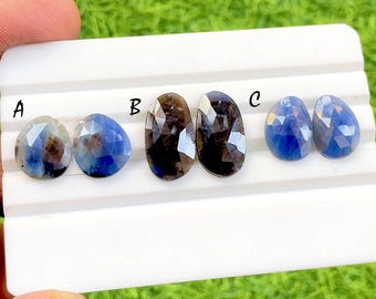 Natural Blue Sapphire Pair Rose Cut Loose Gemstone With Flat Back For Jewelry Making, AAA+ Blue Sapphire Pairs For Earrings - 34356-34361